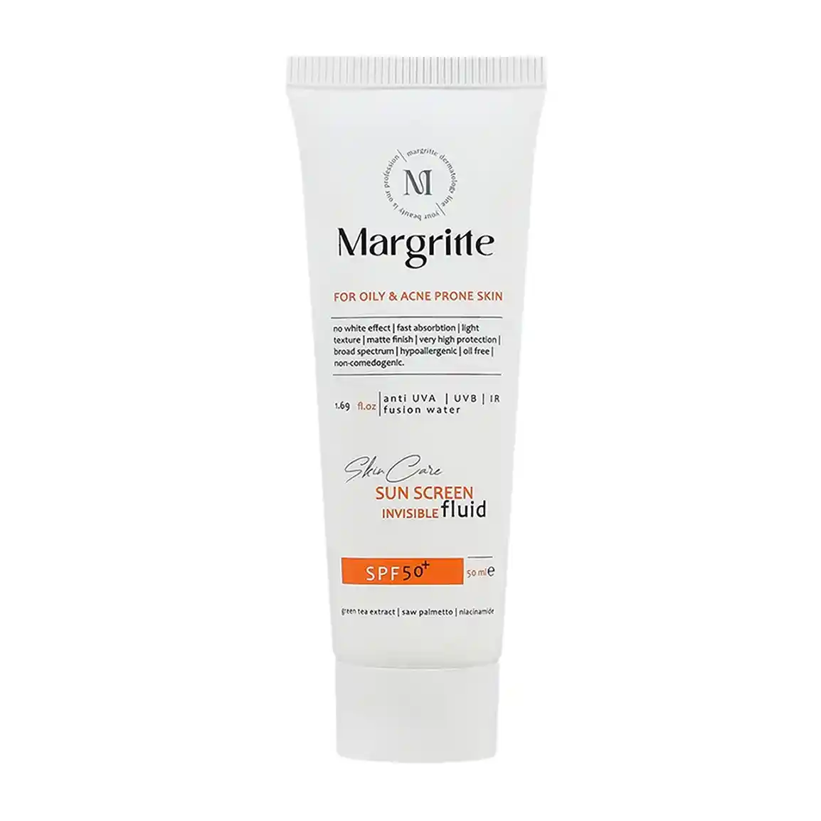 فلوئید ضد آفتاب بی رنگ مارگریت با SPF50 مناسب پوست چرب و مستعد آکنه حجم 50 میلی لیتر