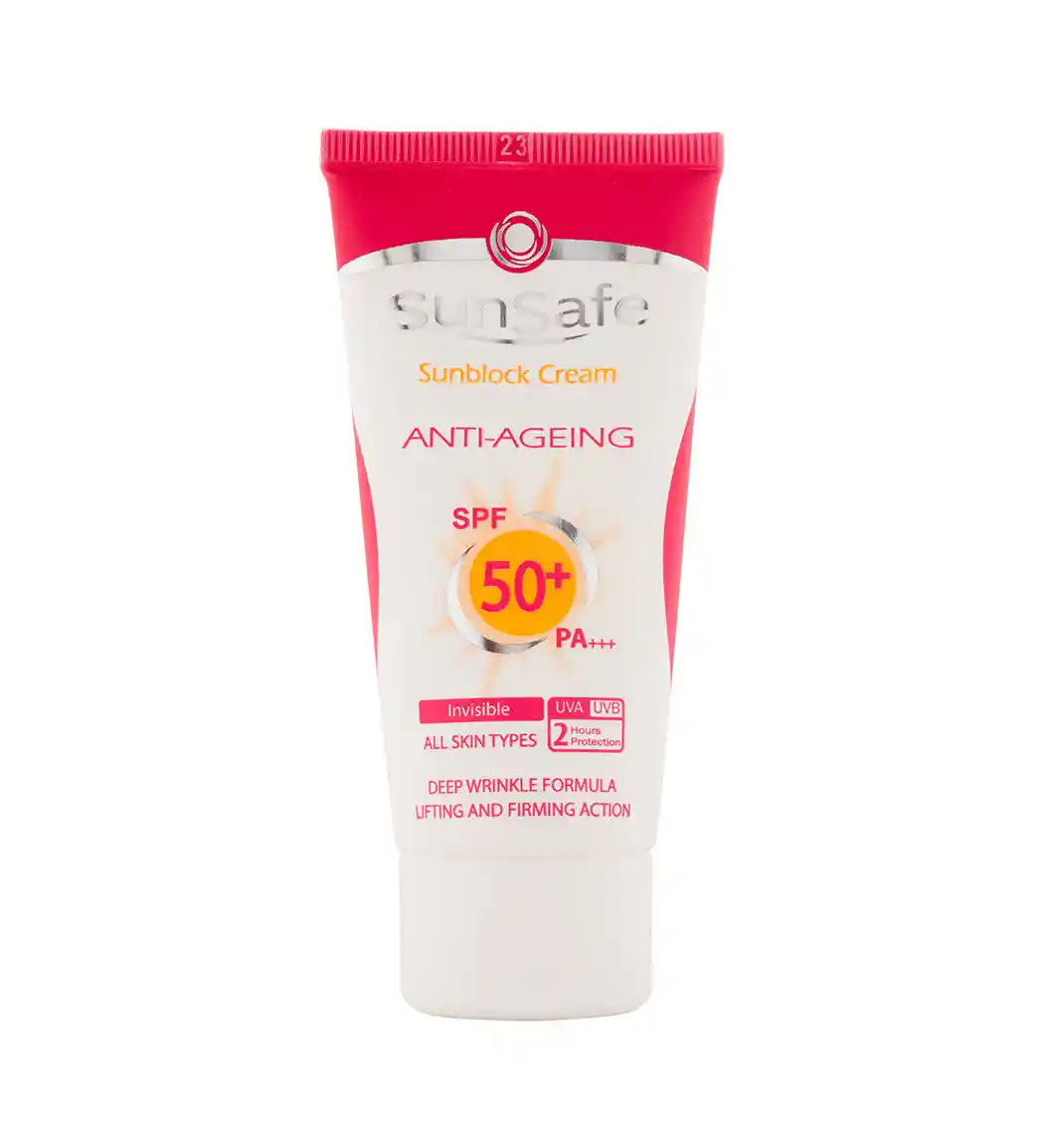 کرم ضد آفتاب و ضد چروک بی رنگ سان سیف با SPF50 مناسب انواع پوست حجم 50 میلی لیتر