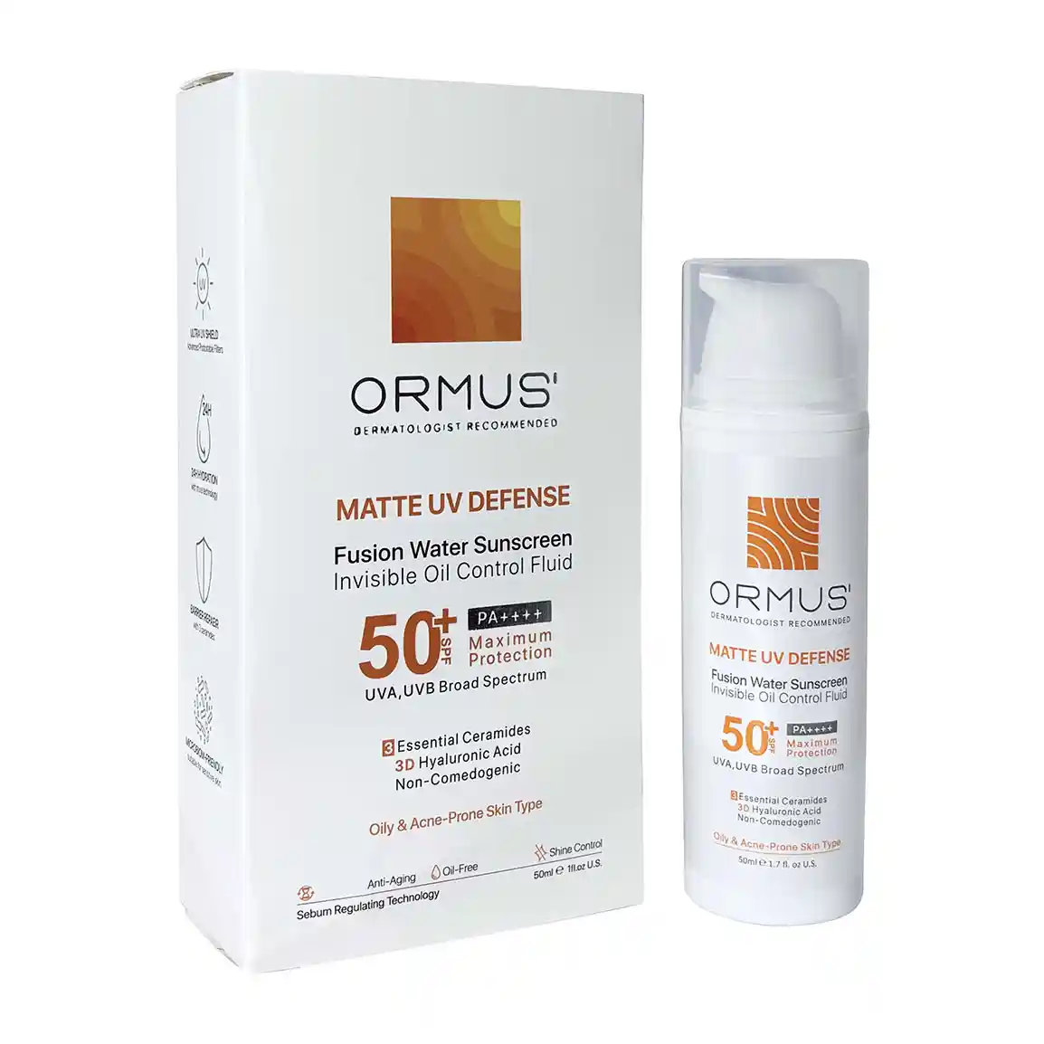 فلوئید ضد آفتاب بدون رنگ اورموس مدل Matte با SPF50 مناسب پوست چرب و مستعد آکنه حجم 50 میلی لیتر