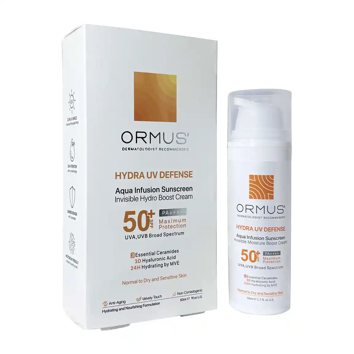 کرم ضد آفتاب بدون رنگ اورموس مدل Hydra با SPF50 مناسب پوست نرمال تا خشک و حساس حجم 50 میلی لیتر