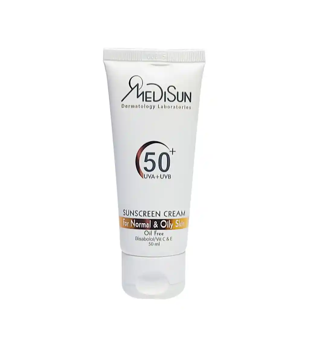 کرم ضد آفتاب بی رنگ مدیسان با SPF50 مناسب پوست نرمال و چرب حجم 50 میلی لیتر
